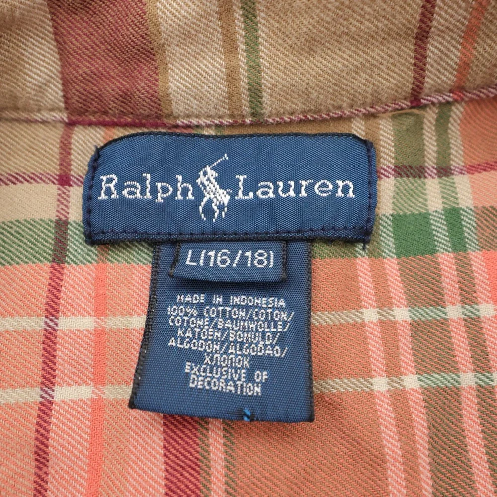 Ralph Lauren Plaid Button Down‎ Shirt Orange Long Sleeve Boys Size L 16 18